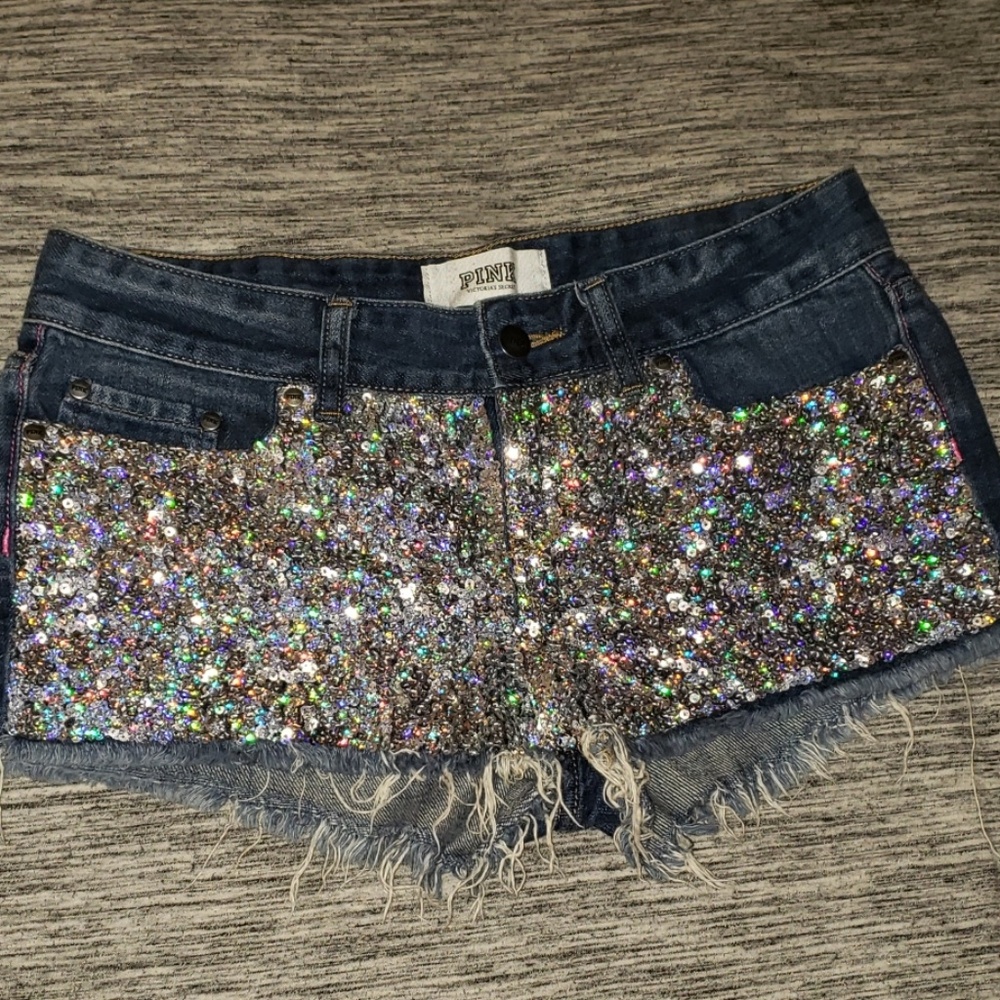 PINK sequin denim shorts